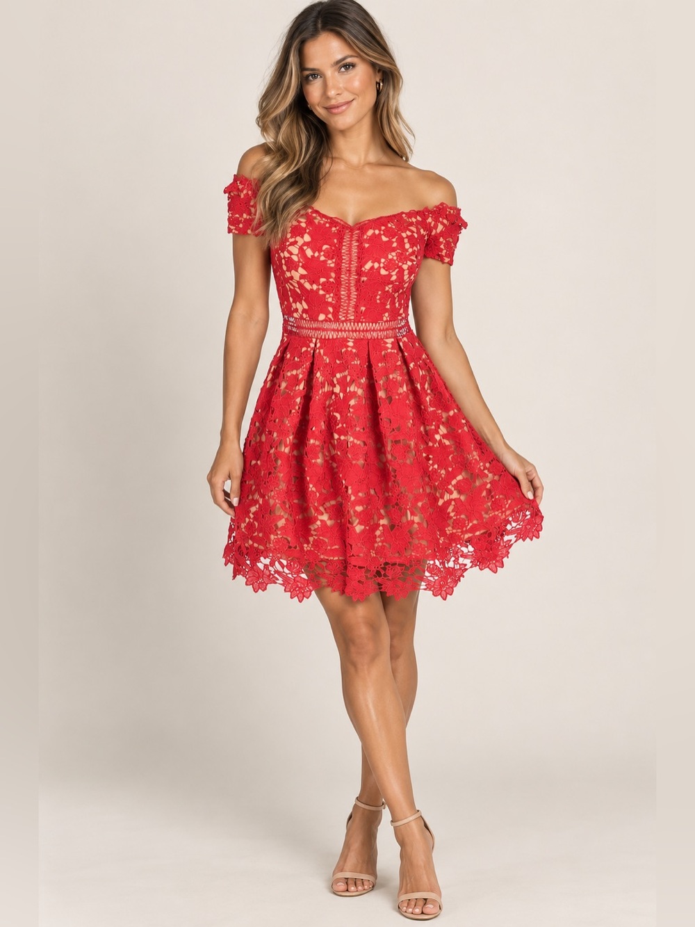 Red Beverly Off The Shoulder Crochet Lace A line Mini Dress